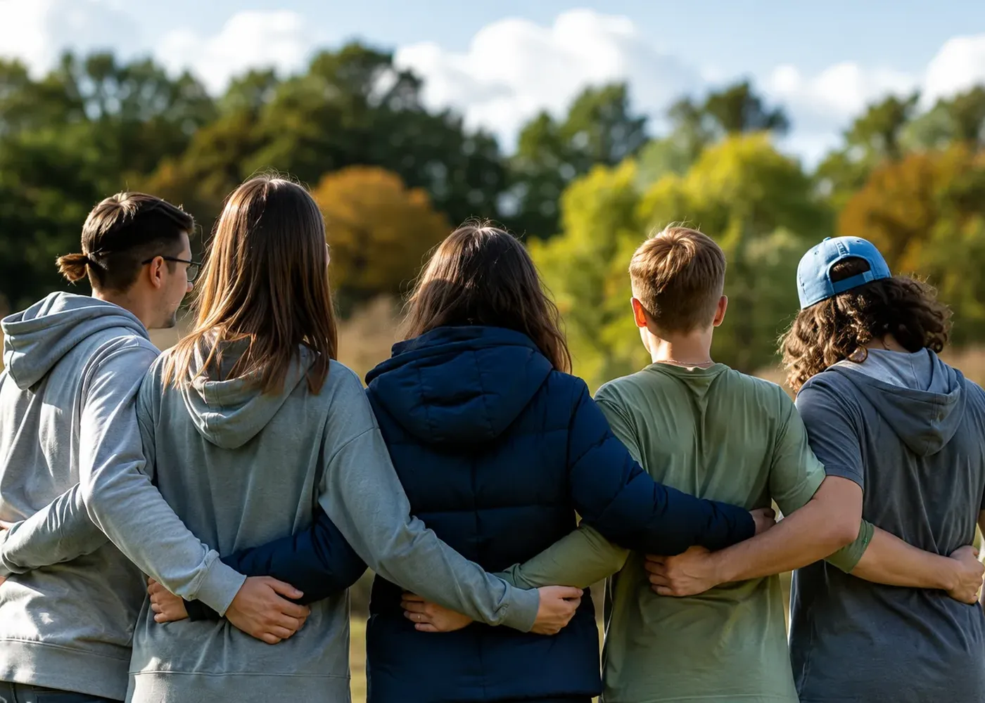 F&uuml;nf junge Menschen stehen Arm in Arm auf einer Wiese und blicken in die Natur